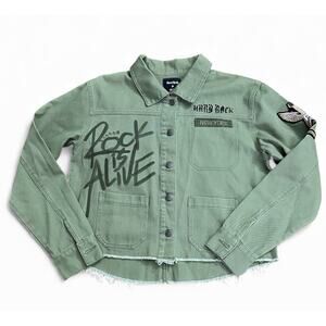 Hard Rock Ibiza Stones Denim Military Crop Jacket Graffiti Patches Womens Medium